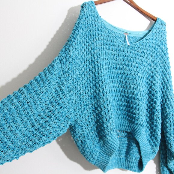NWT Free People Coconut V-Neck Sweater Pristine Waters Loose Knit Oversized XL - Picture 7 of 13